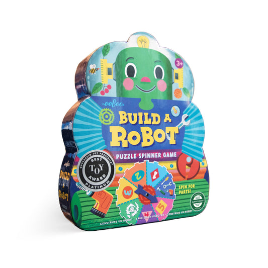 Colorful packaging of a 'Build a Robot' puzzle spinner game on a white background