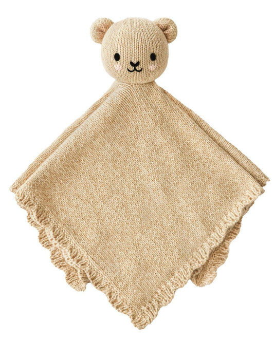 Beige knitted lovey with bear face on a white background