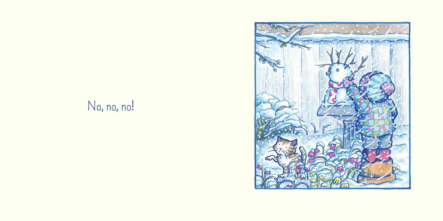 Illustration of a snowy scene with characters and text 'No, no, no!'