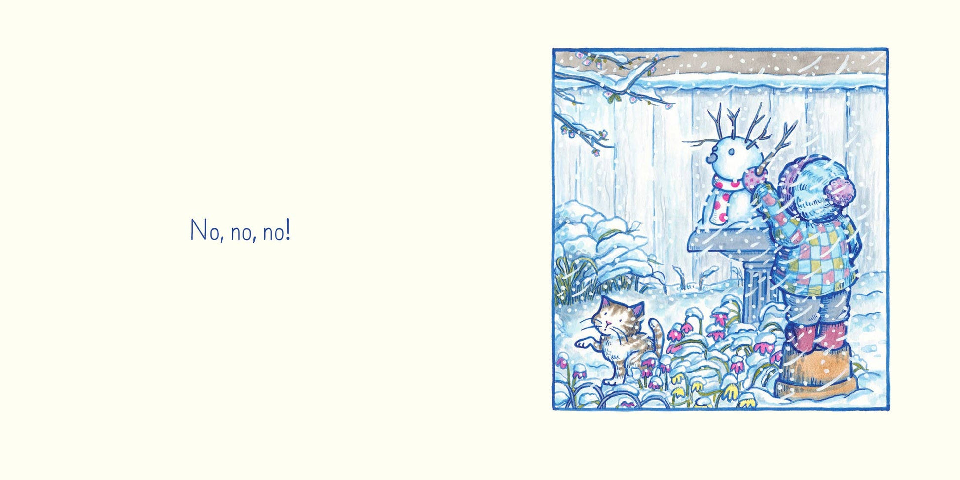 Illustration of a snowy scene with characters and text 'No, no, no!'