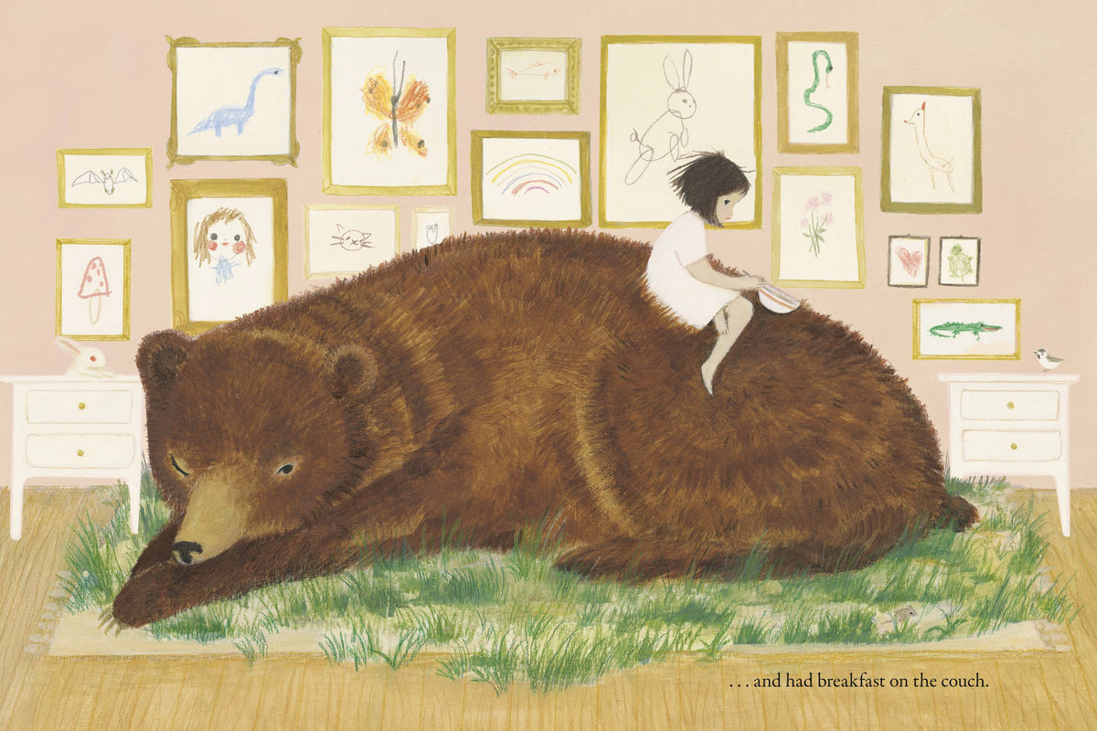 Picture book illustration featuring Eleanor sitting on a bear's back