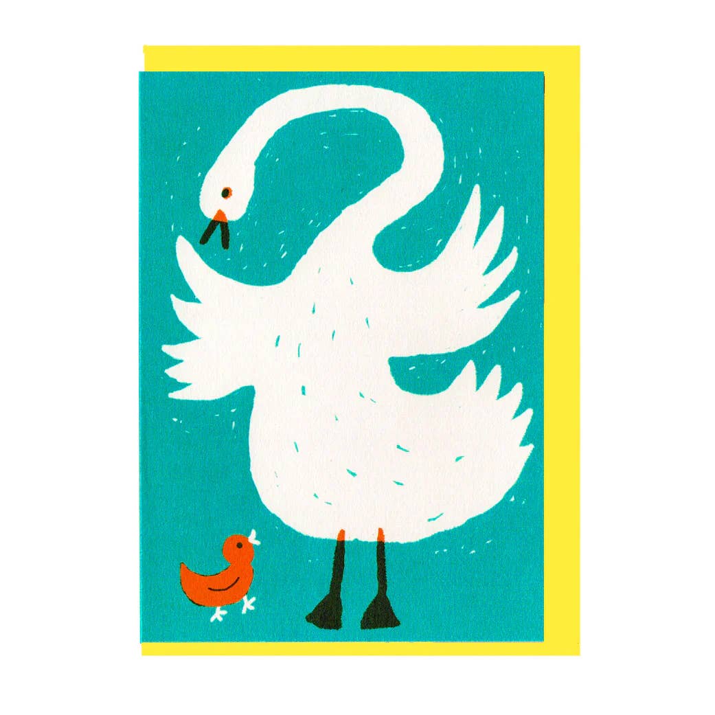 A square art print or card featuring a stylized white swan on a teal background with a bright yellow border, plus a small orange duckling near the bottom left.