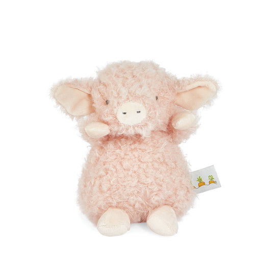 Pink plush toy with a tag on a white background