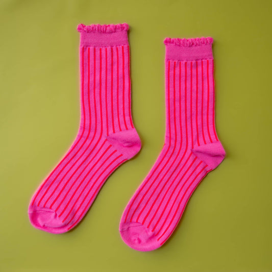 Striped Ruffle Crew Socks | Fuchsia