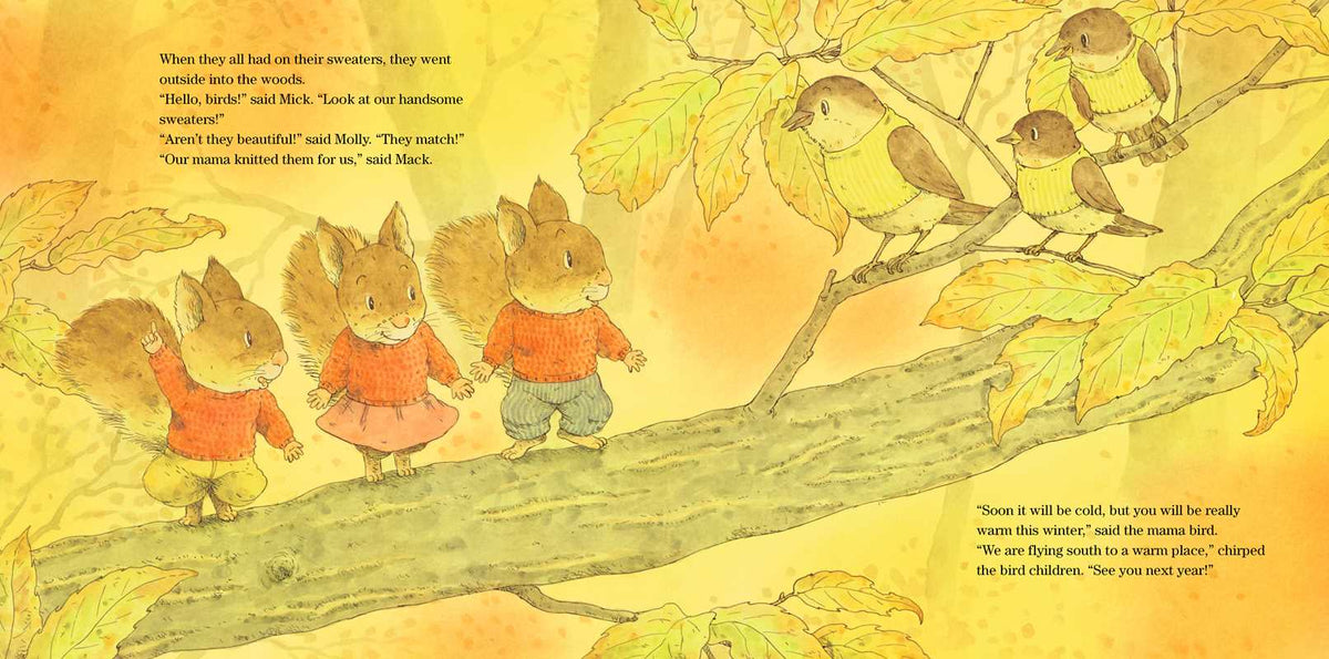 A vintage-style illustrated book page showing three squirrel children in orange sweaters walking on a tree branch with autumn leaves, alongside birds on a branch above and printed text on both sides.
