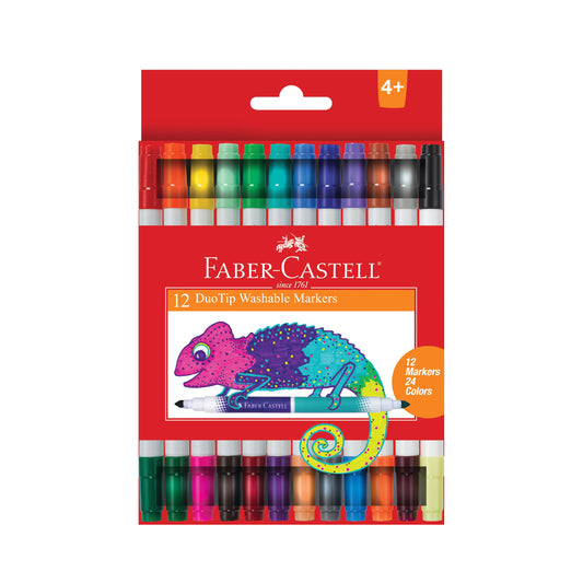 Faber-Castell 12 DuoTip Washable Markers in red packaging on a white background