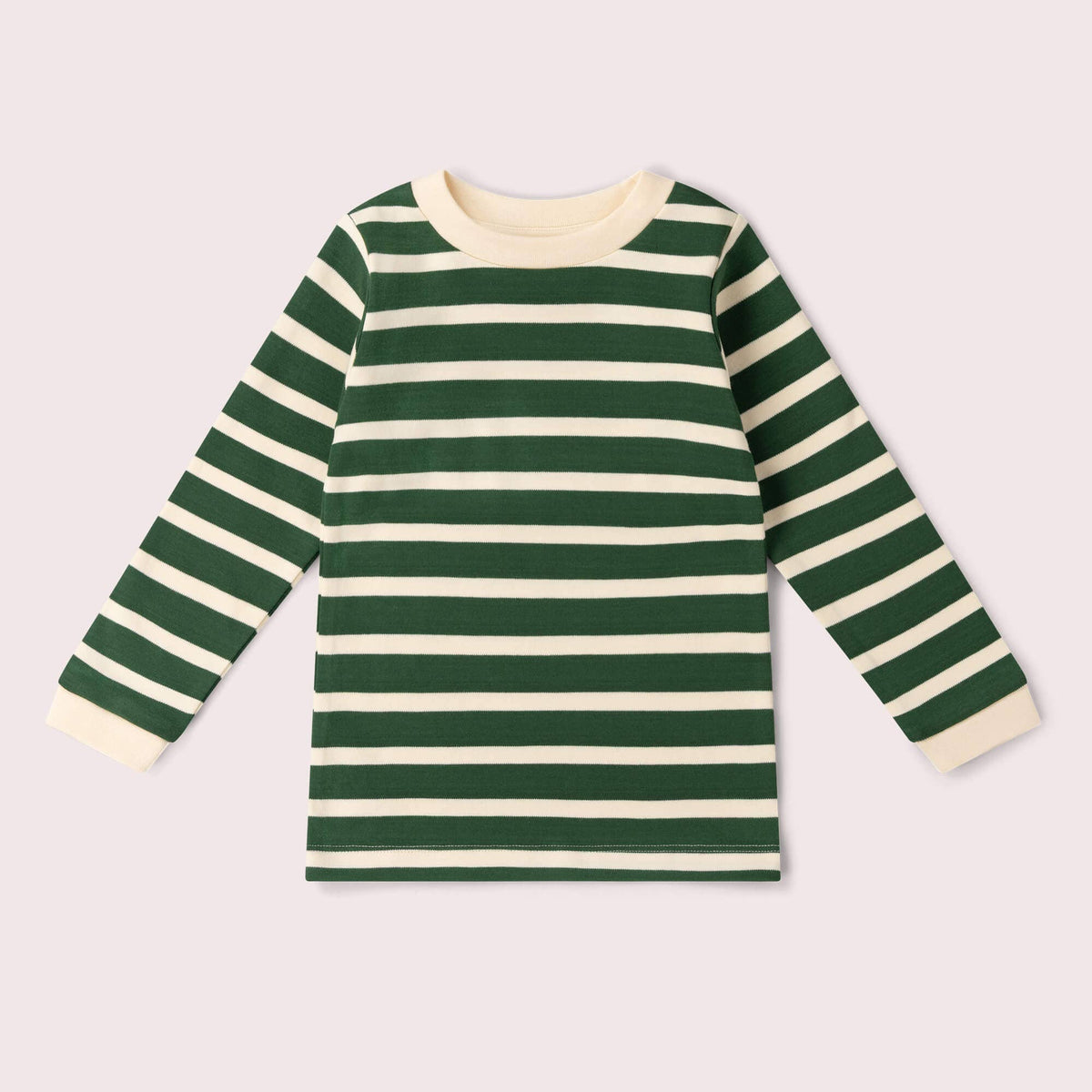 Green and cream striped long-sleeve T-shirt with cream neckline and cuffs, front view.