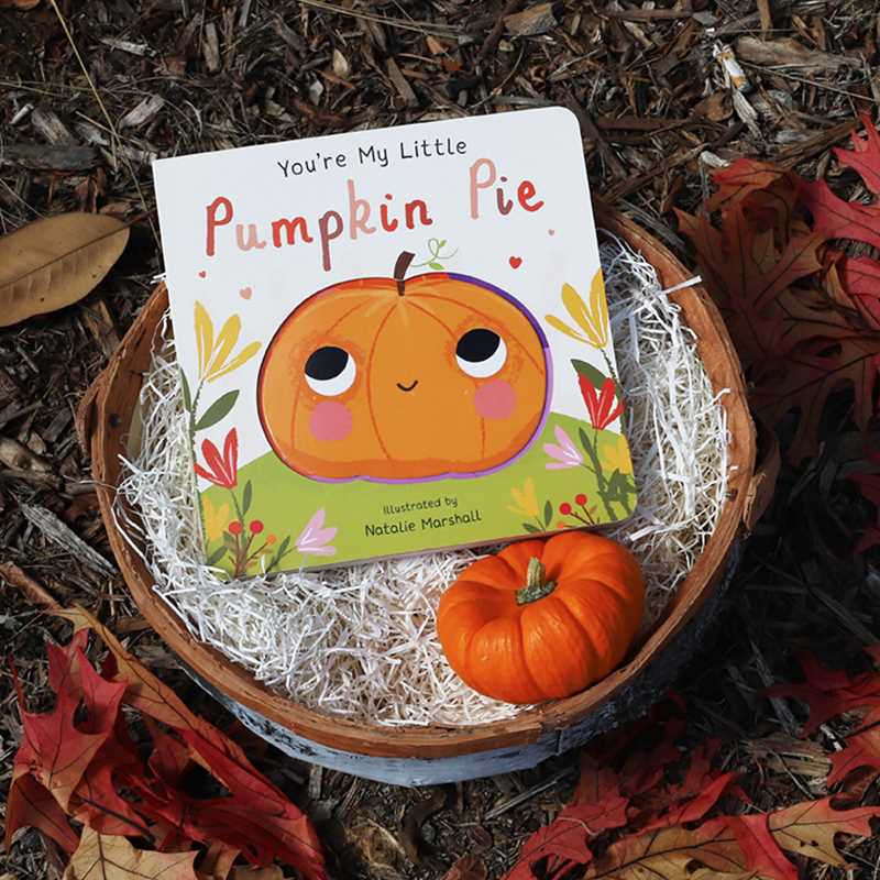 Children's book titled 'You're My Little Pumpkin Pie' with a small pumpkin on a bed of straw, surrounded by autumn leaves.