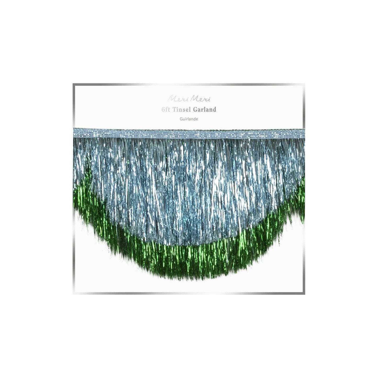 Green and silver tinsel garland on a white background