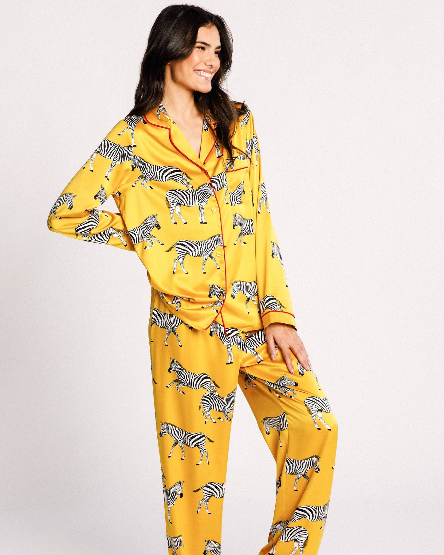 Satin Mustard Zebra Print Long Pajama Set