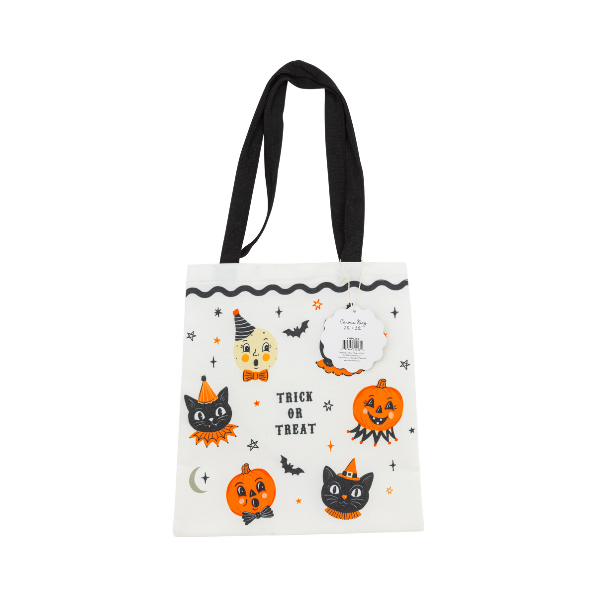 Halloween-themed tote bag with black handles on a white background