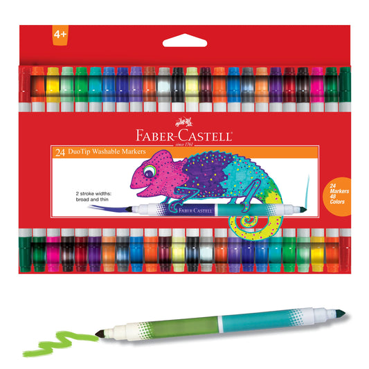 Faber-Castell 24-use tip washable markers set with colorful packaging and a sample marker on a white background.