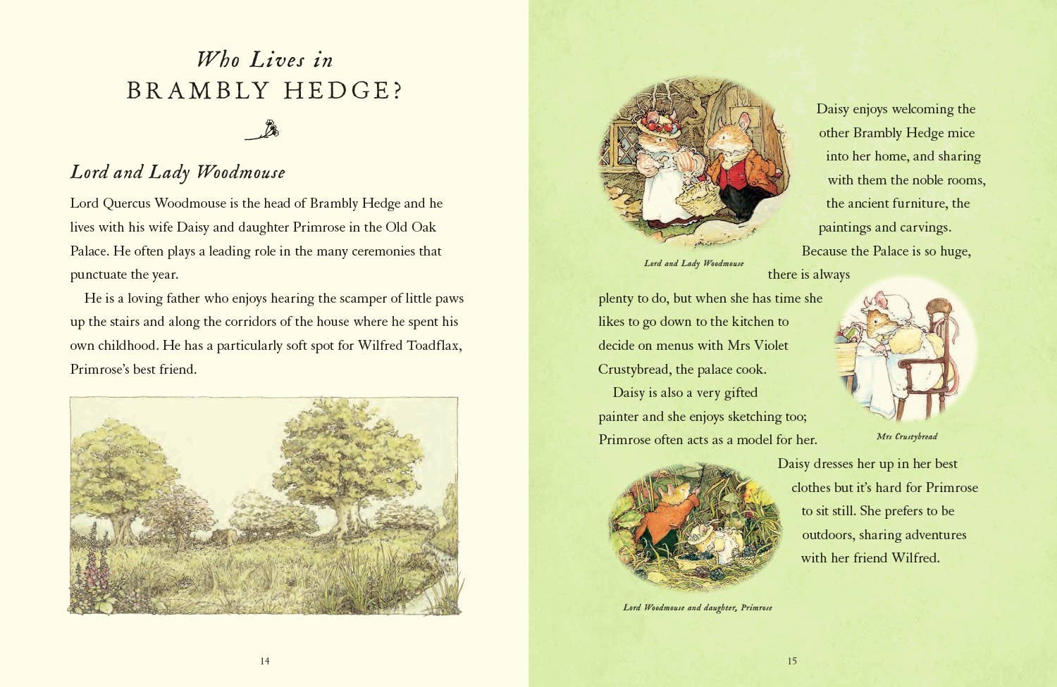 Illustrated book page from 'Brambly Hedge' with characters and nature scenes.
