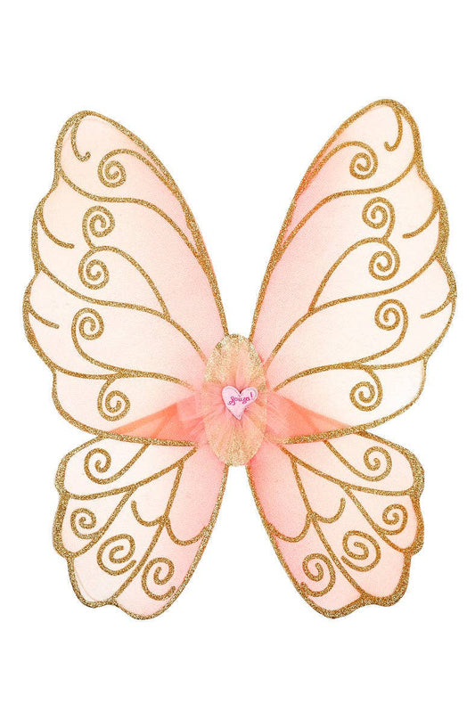 Pink butterfly wings for children with gold accents on a white background