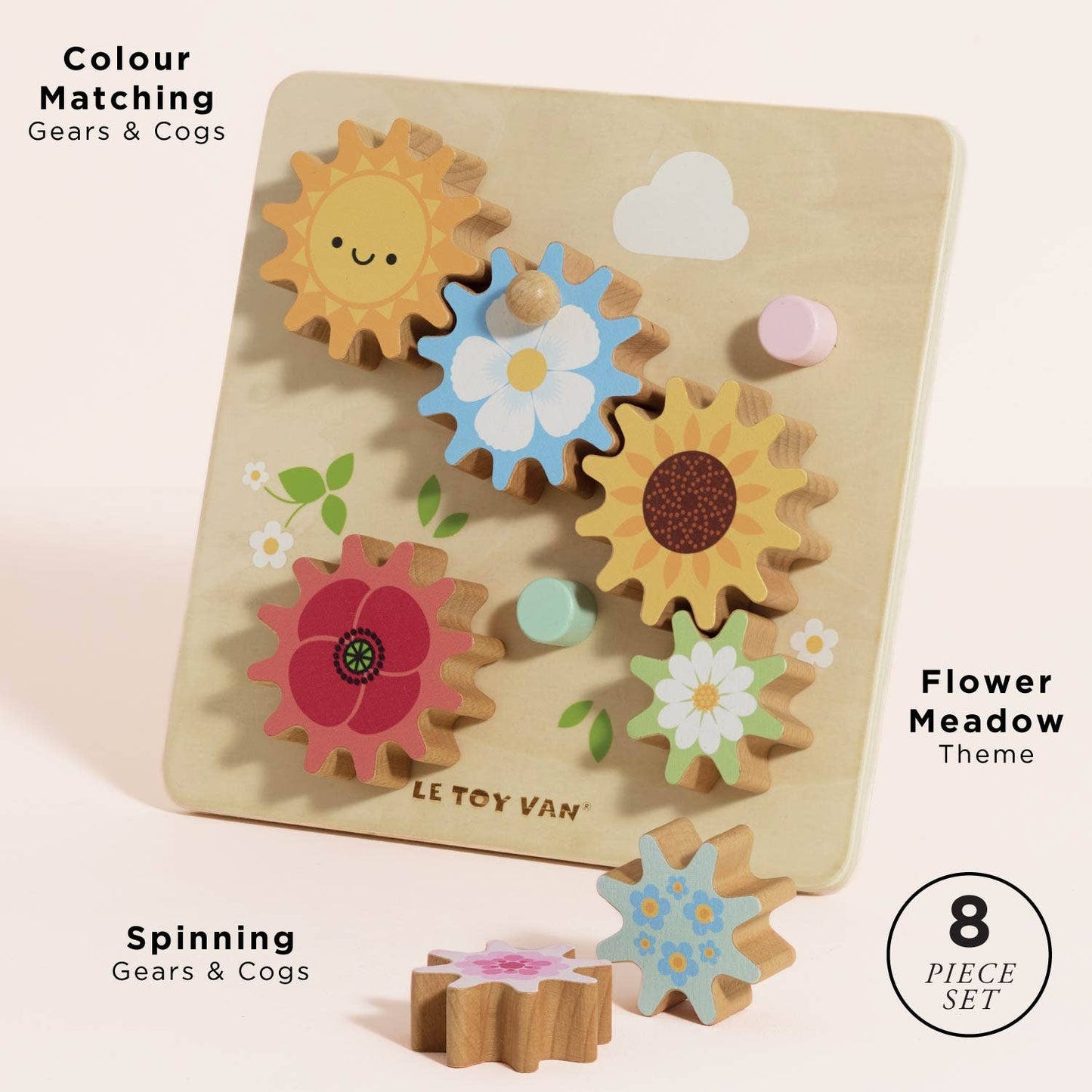 Wooden toy set with gears and flowers on a beige background, featuring the brand 'Le Toy Van'.