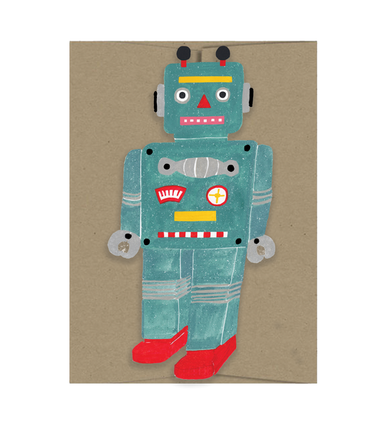Card with a robot design on a brown background