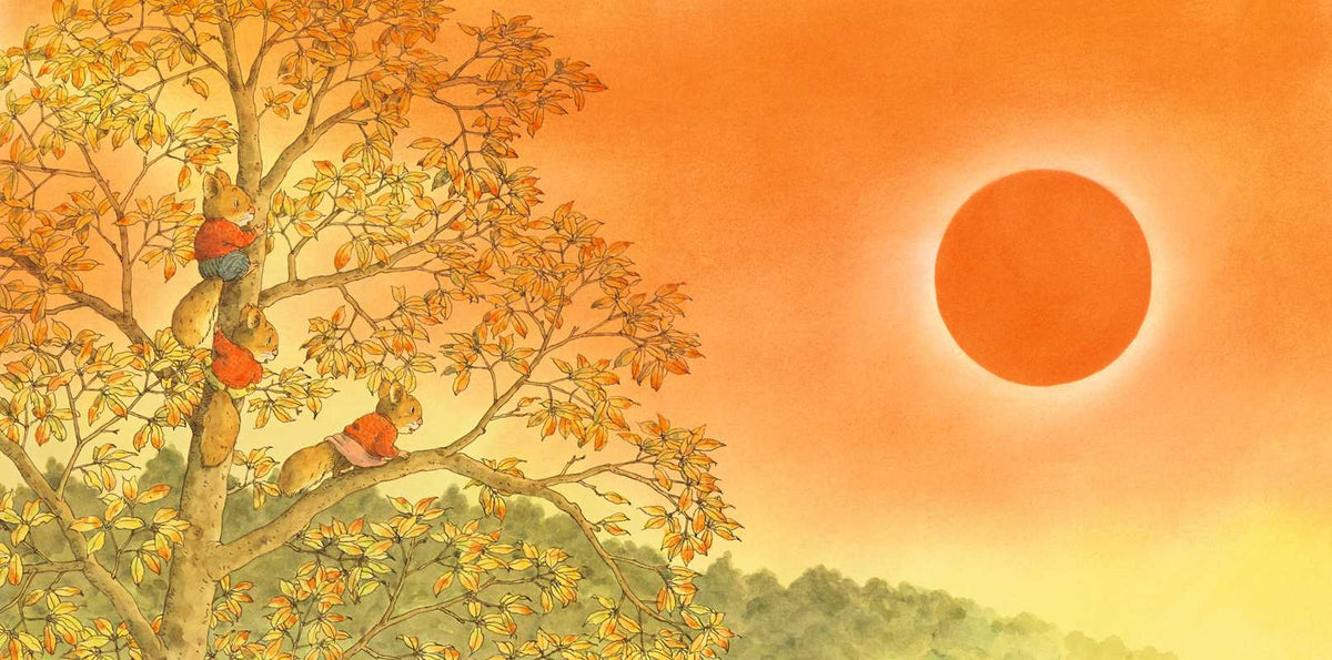 A warm-toned illustrated scene with a large orange sun in a yellow-orange sky, an autumn tree on the left with leaves and small animals climbing or sitting in the branches, and green hills along the bottom.