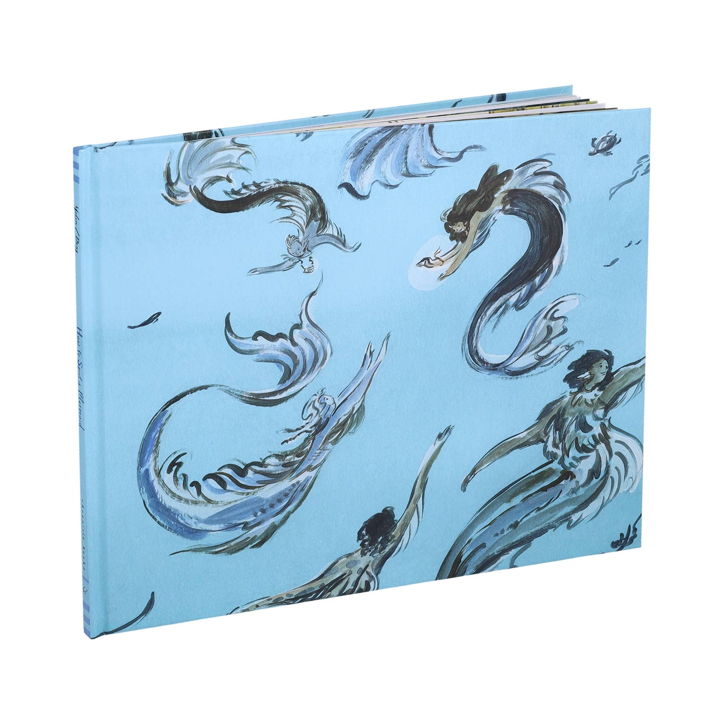 Book with mermaid illustrations on a blue background