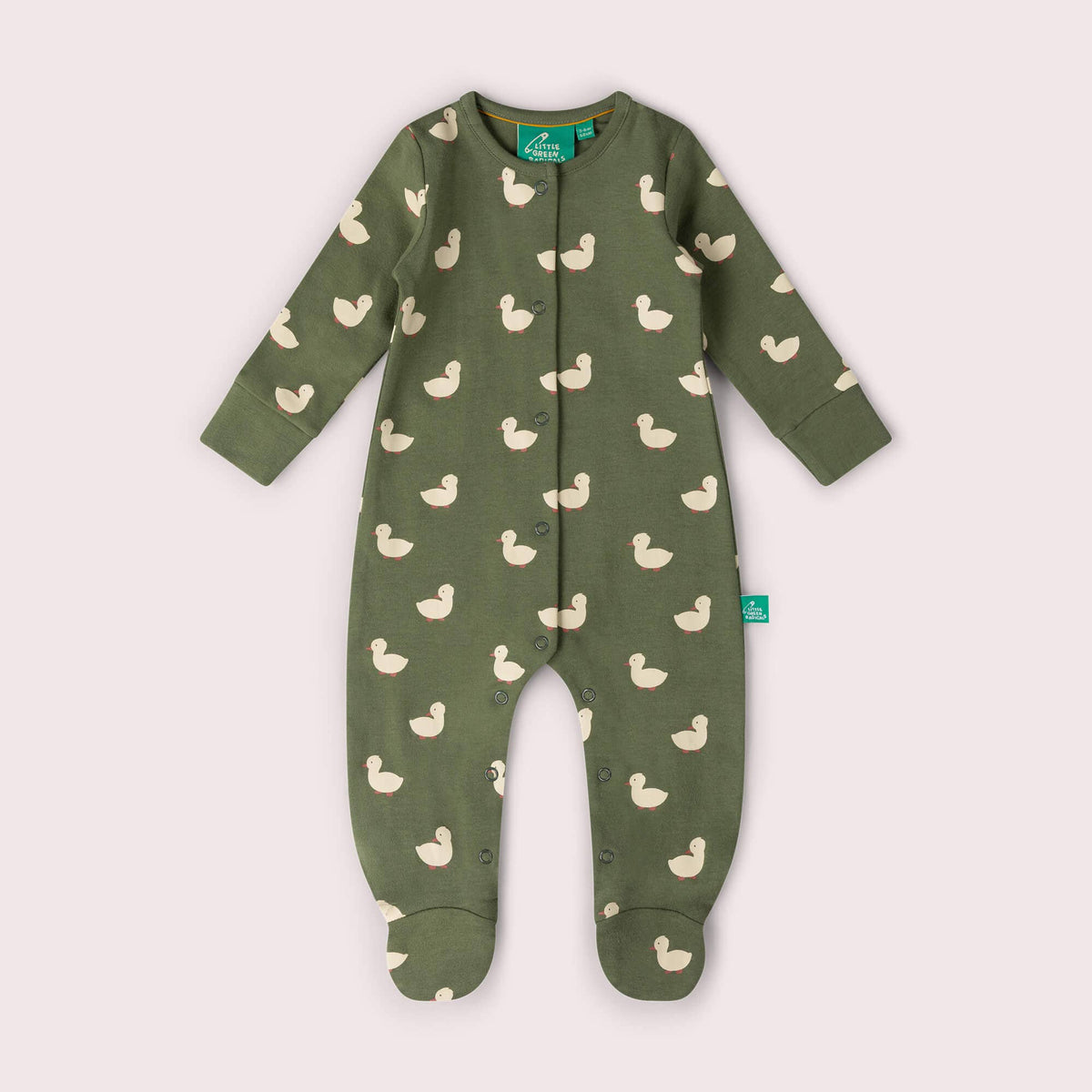 Olive green long-sleeve babygrow patterned with cream ducks.