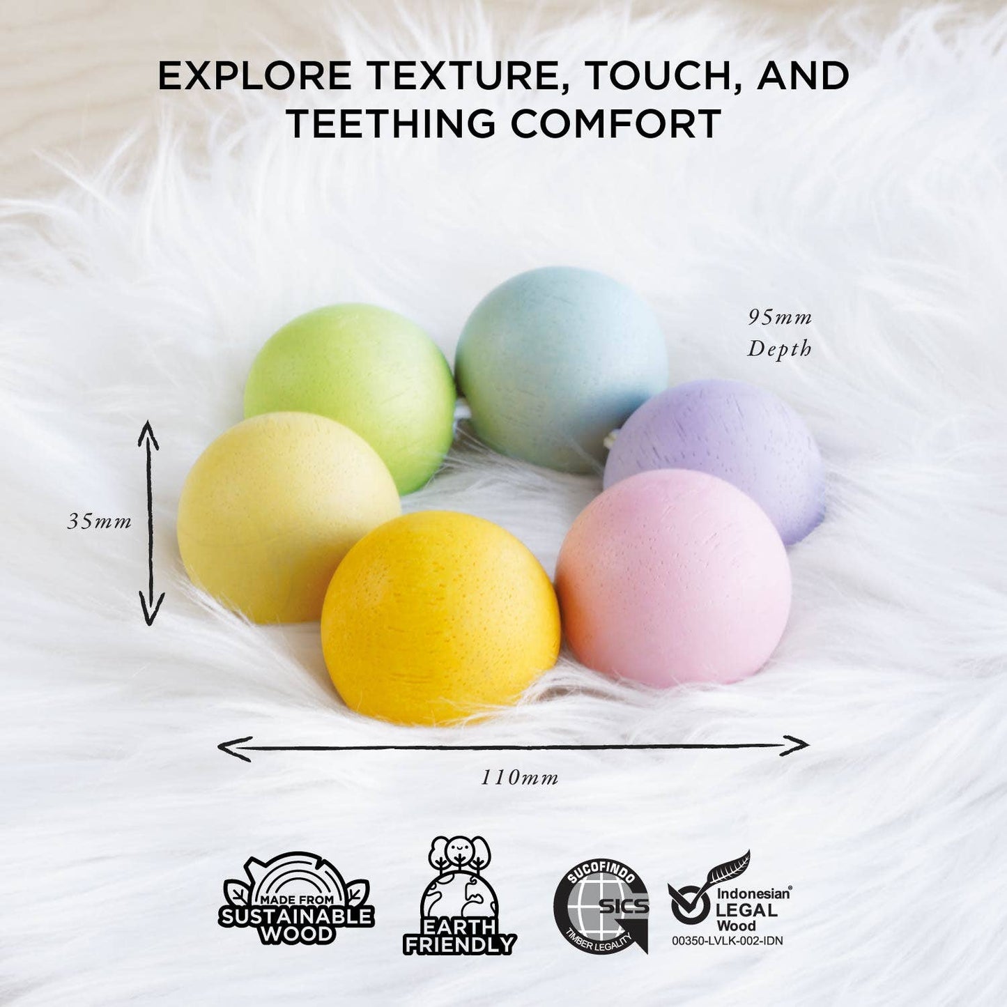 Colorful teething balls on a white background with measurements and certification logos.