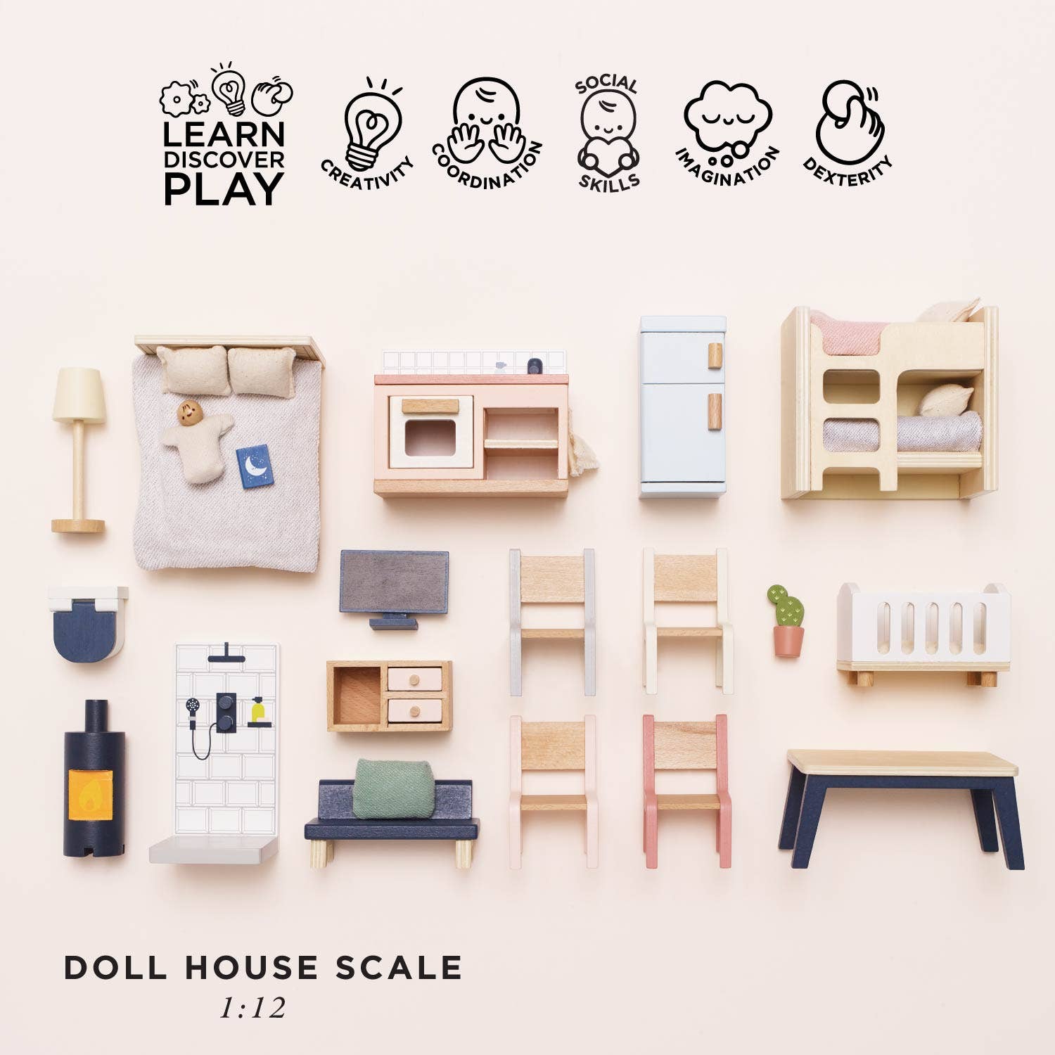 Set of miniature dollhouse furniture on a light beige background with icons and text indicating educational benefits and "doll house scale 1:12".