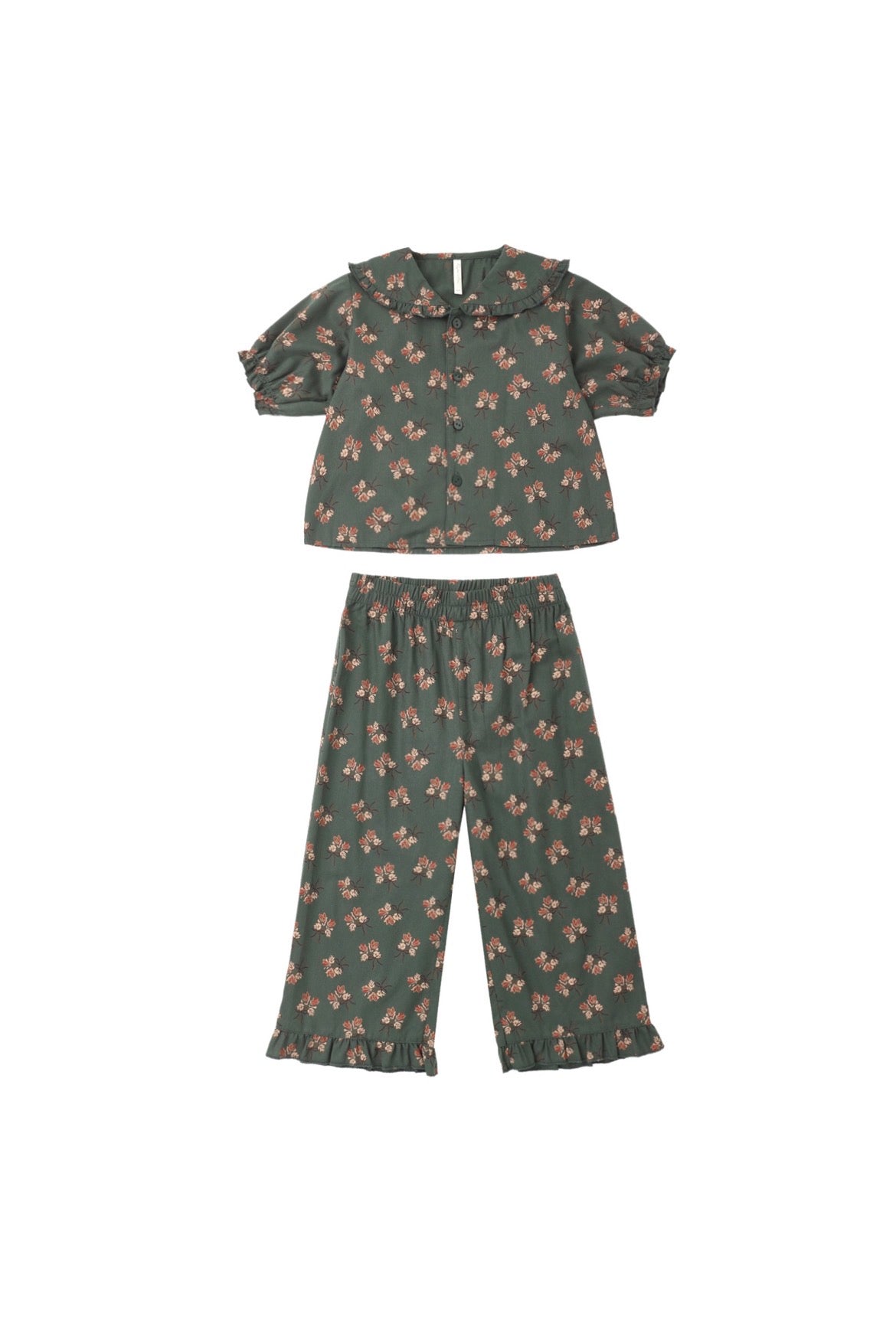 A two-piece children's pajama set featuring a short-sleeve top with a ruffled collar and puff sleeves, paired with matching wide-leg pants, both in a dark green color with a small pink and beige floral print, shown on a plain white background.