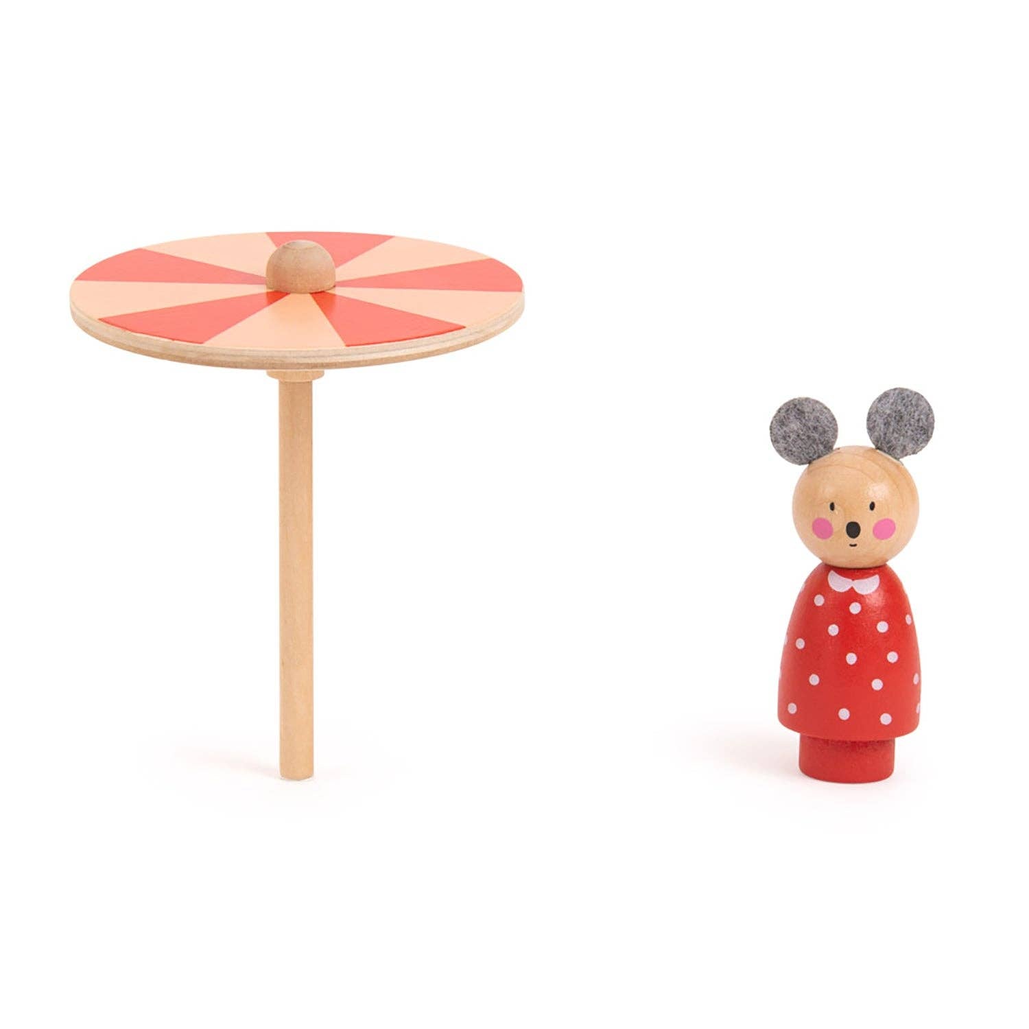 Wooden toy figure of a girl with a red umbrella on a white background