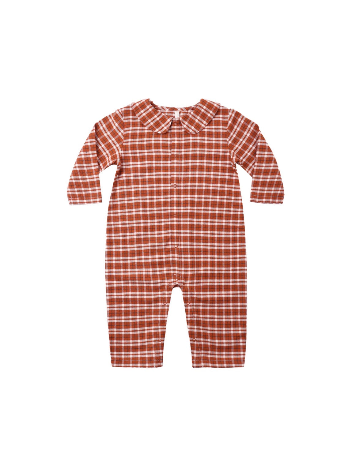 A baby long-sleeve romper in a rust-orange and white plaid pattern, featuring a pointed collar and snap-button front, shown against a plain white background.