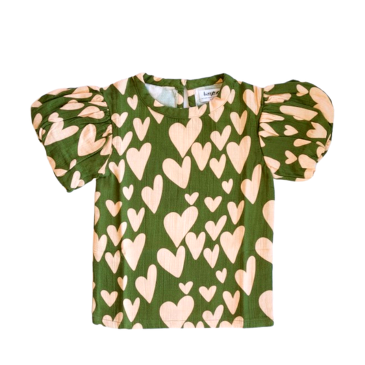 Girls Puff Sleeve Flutter Top, Olive Green Pink Hearts