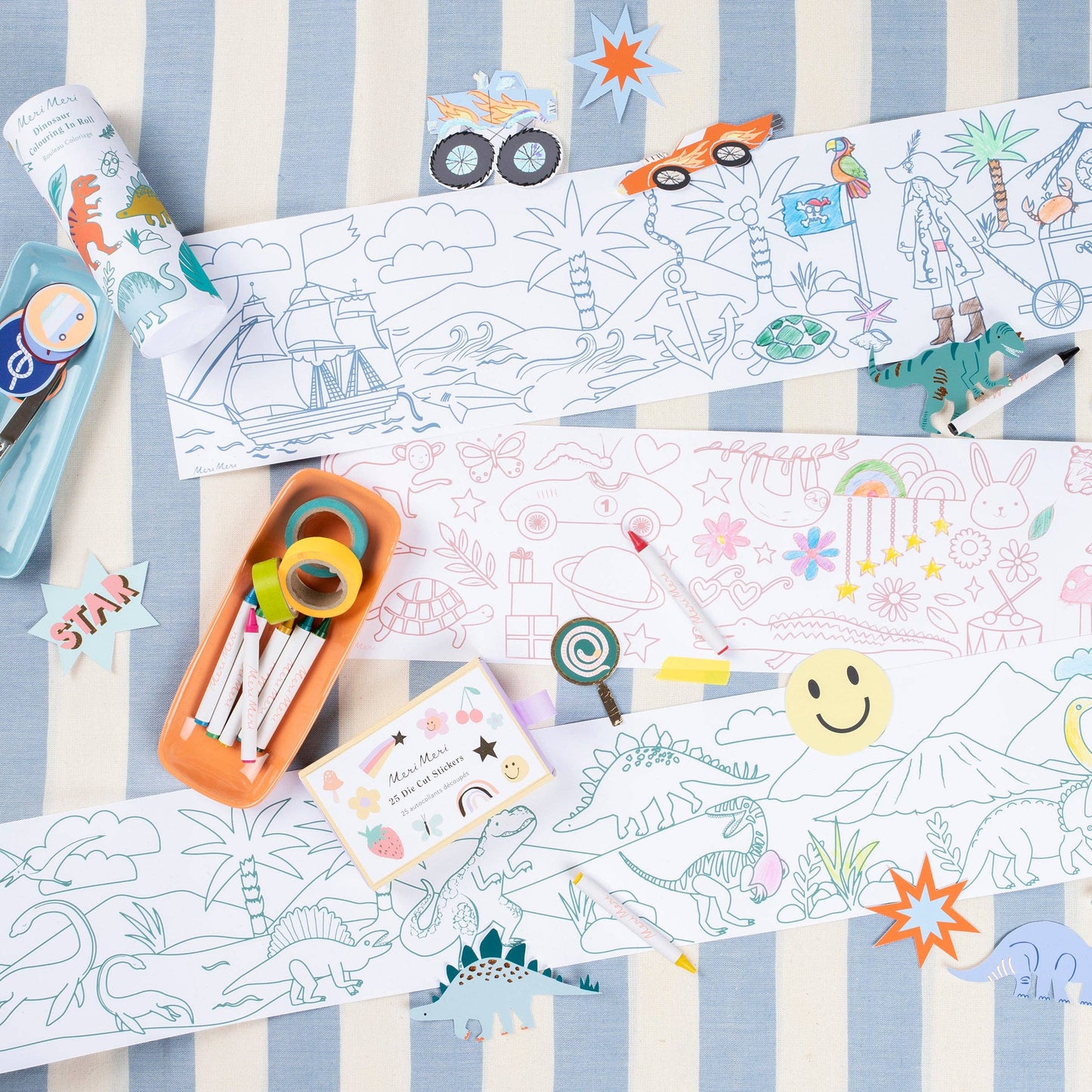 Coloring sheets with various designs on a striped background