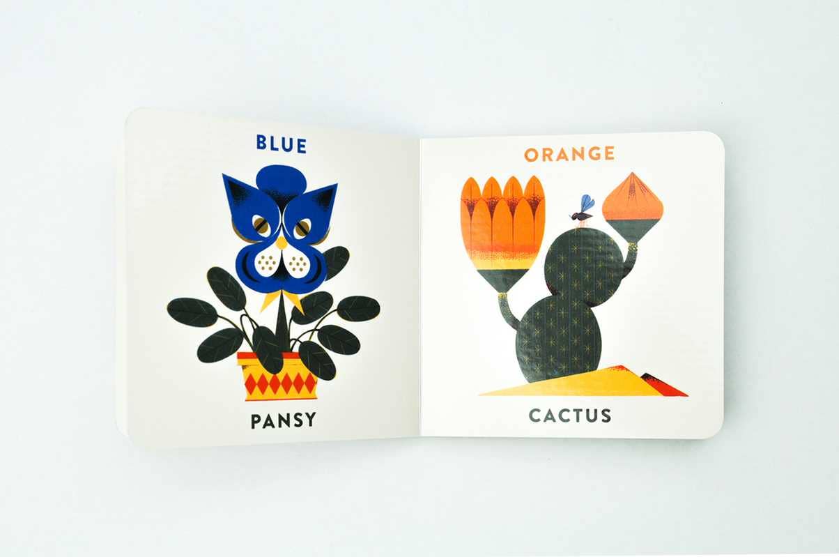 Open book with illustrations of a pansy and a cactus on each page. "Blue, Pansy", "Orange, Cactus"