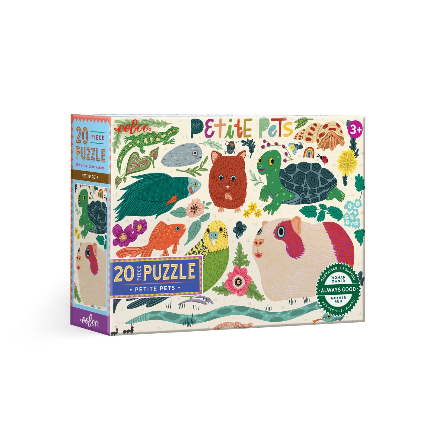 Puzzle box with illustrations of small animals and nature elements on a white background