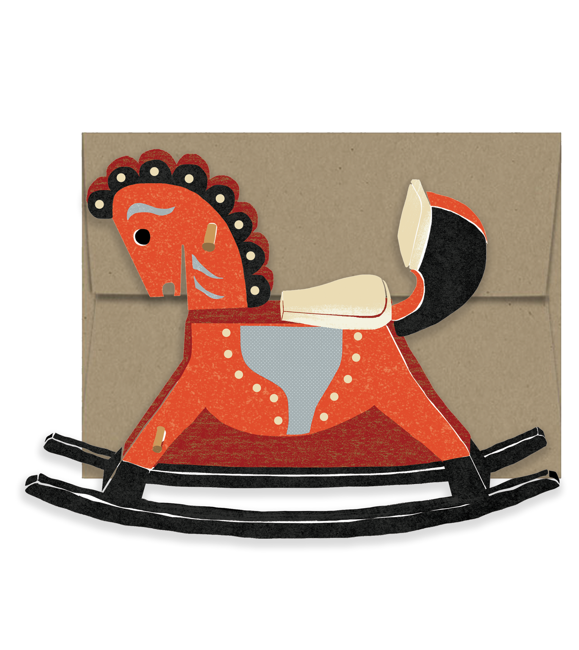 cutout card with a red rocking horse design on a beige background
