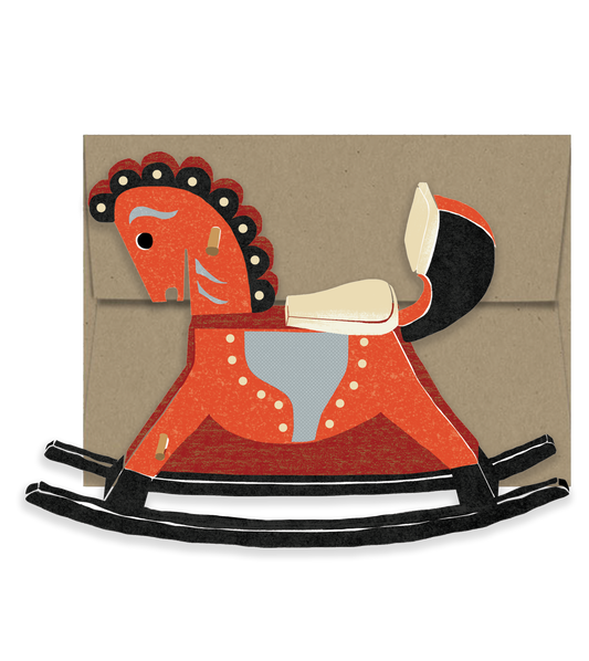cutout card with a red rocking horse design on a beige background