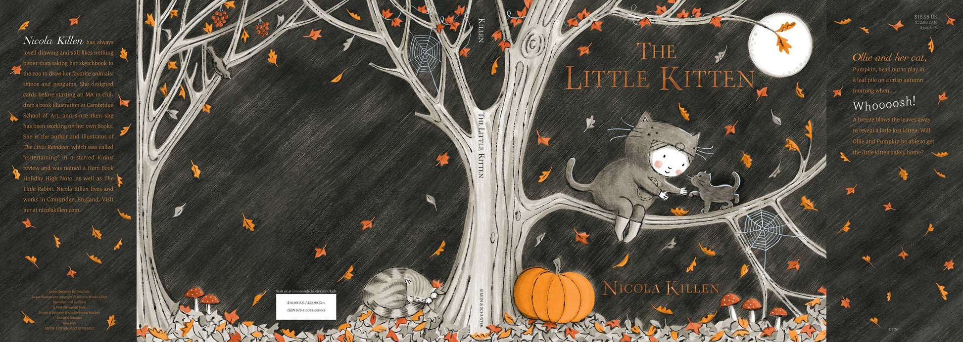 Book cover of 'The Little Kitten' with a tree, pumpkins, and cats on a dark background.