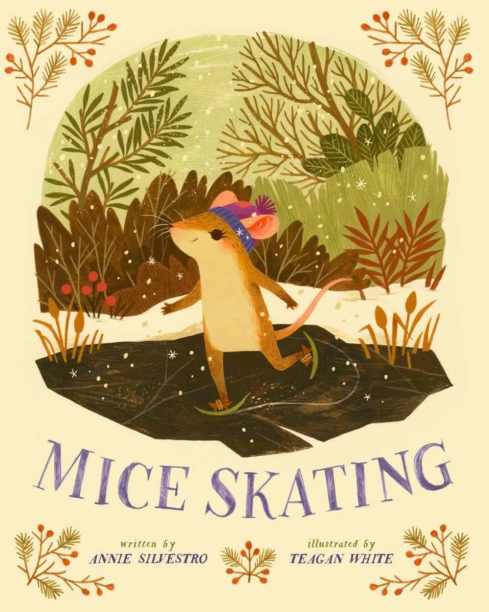Cover of Mice Skating book featuring a mouse on ice skates skating on a pond