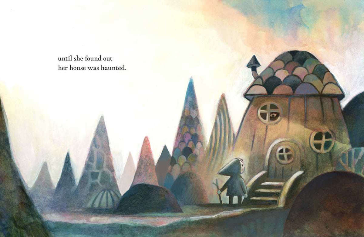 Illustration of a quaint house with a character standing in front, set against a colorful landscape.
