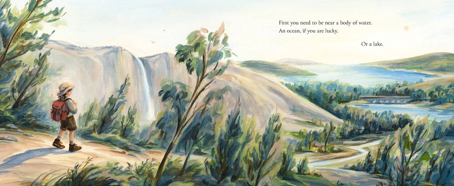 Illustration of a boy with a backpack walking along a path with a scenic landscape in the background.
