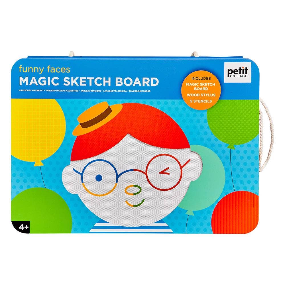 Magic sketch board for children with colorful packaging featuring a cartoon face and balloons.