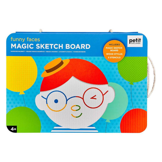 Magic sketch board for children with colorful packaging featuring a cartoon face and balloons.