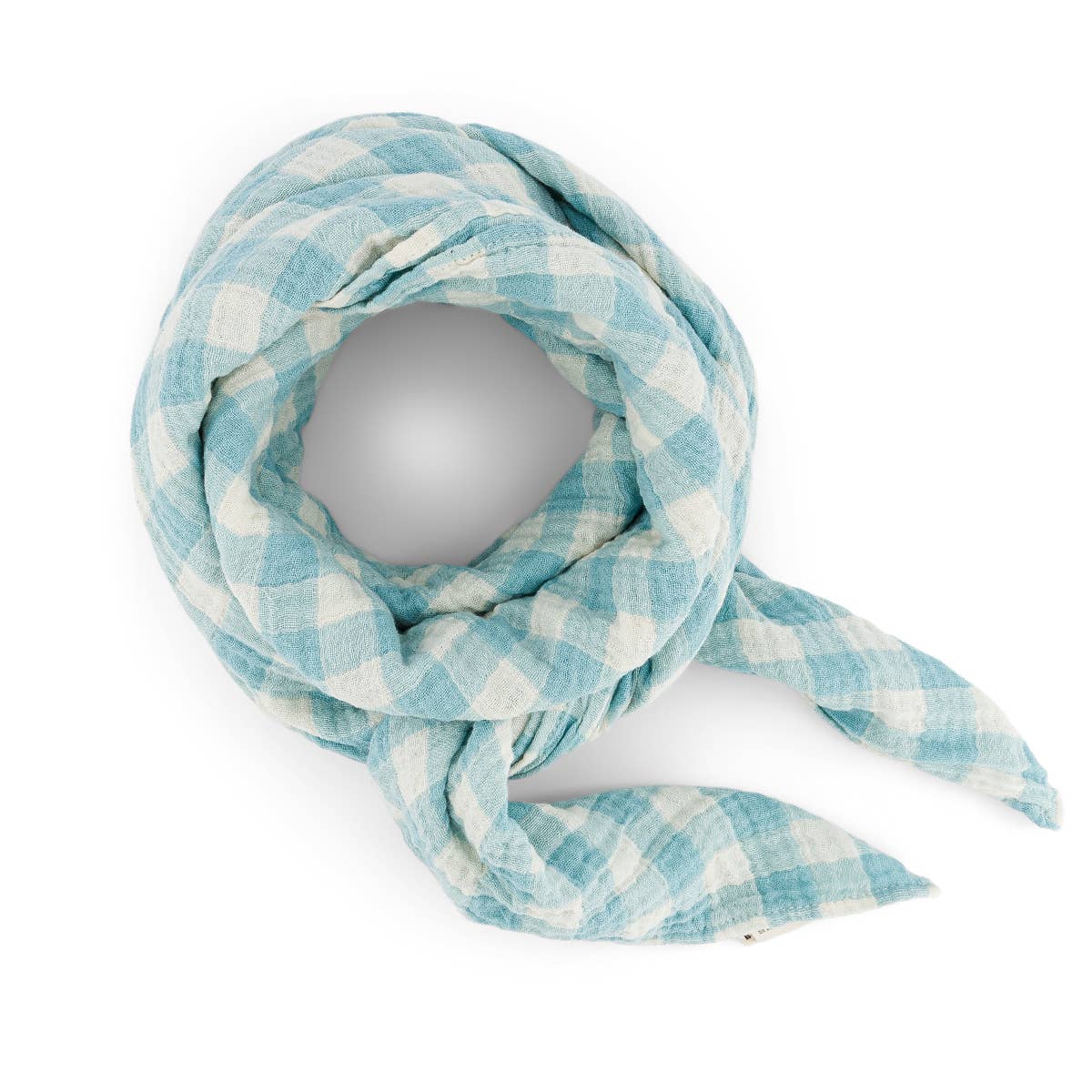 Blue and white checkered scarf against a white background