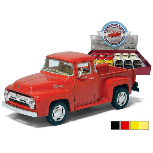 Red model truck with display box and color swatches on a white background