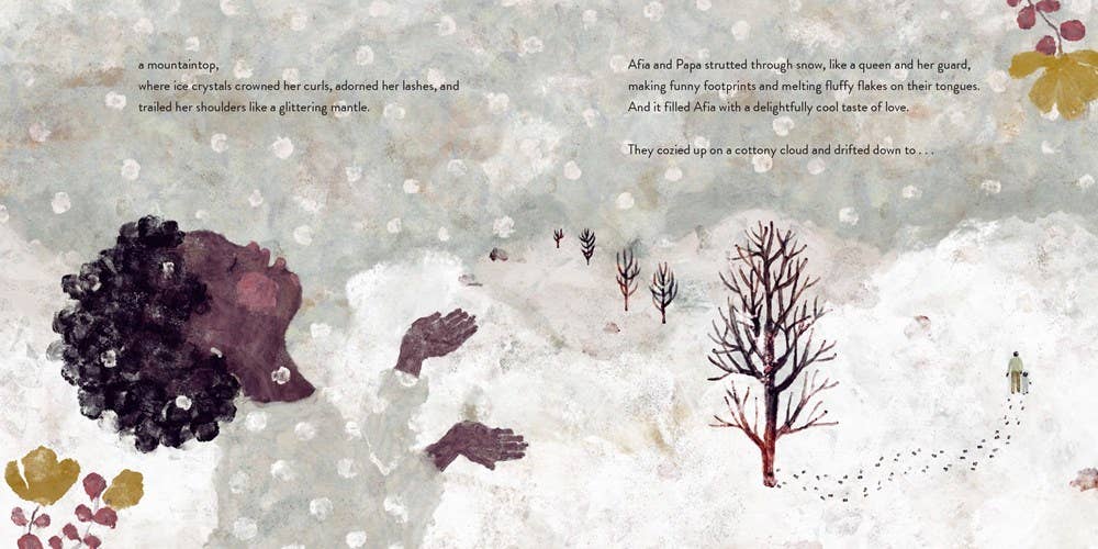 Illustrated book page with winter scene, trees, and text.