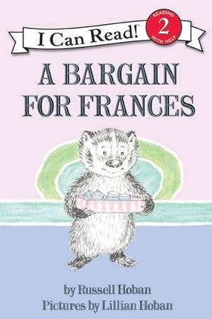 Book cover of 'A Bargain for Frances' with a badger holding a box on a pink and blue background.