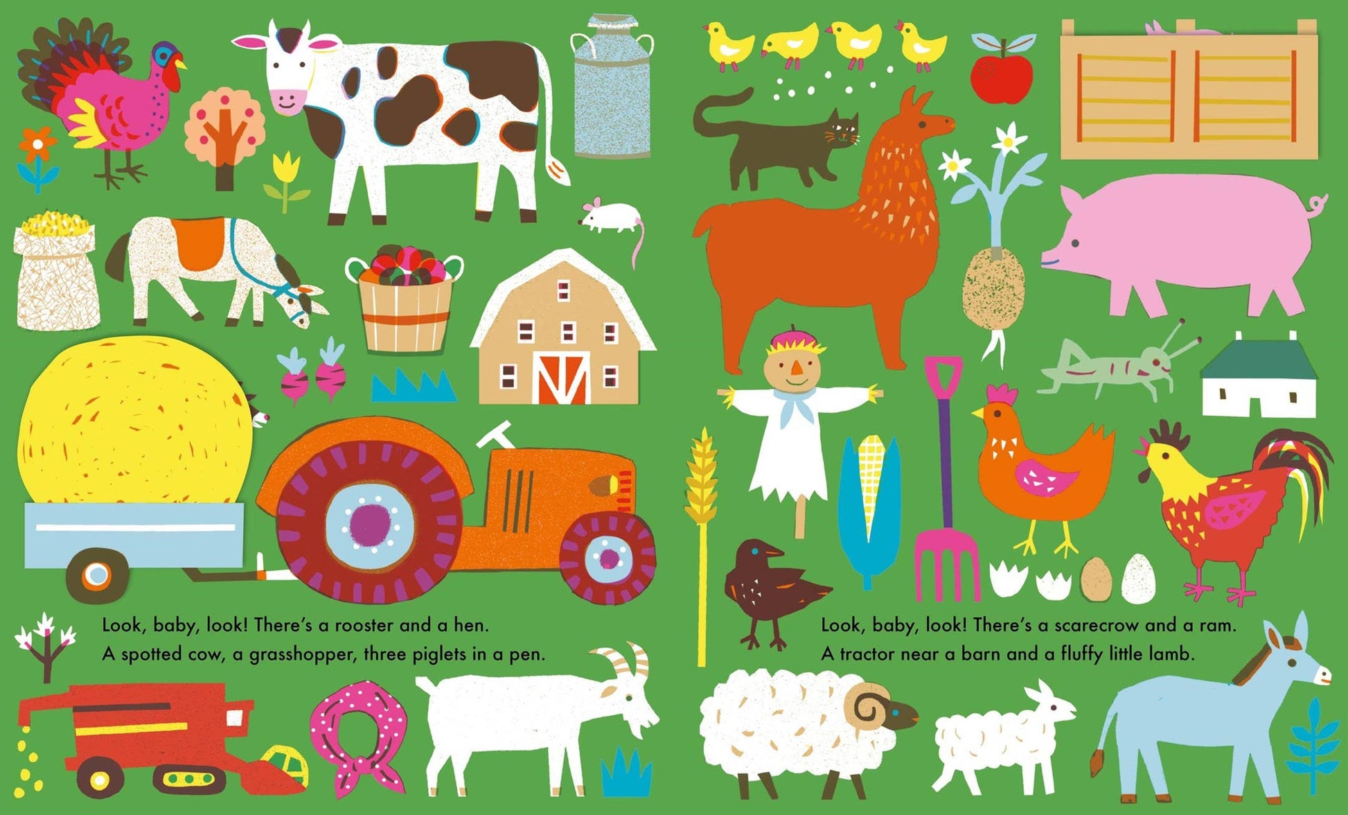 inside page of book with drawings of things on a farm