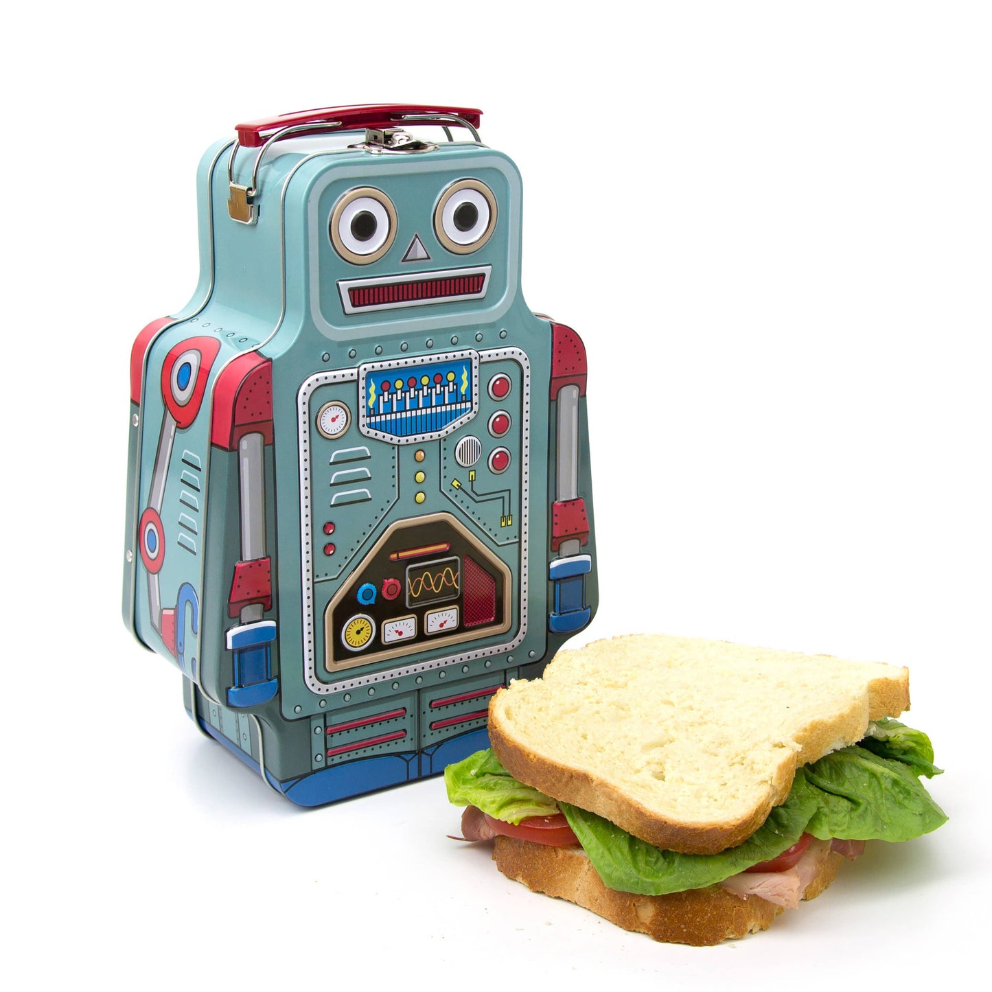 robot lunchbox next to a sandwich
