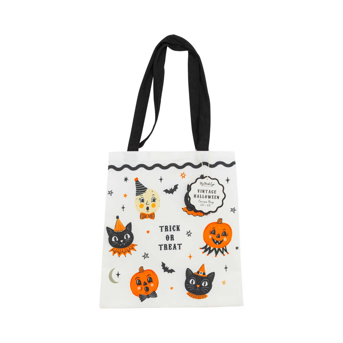 Halloween-themed tote bag with black handles on a white background