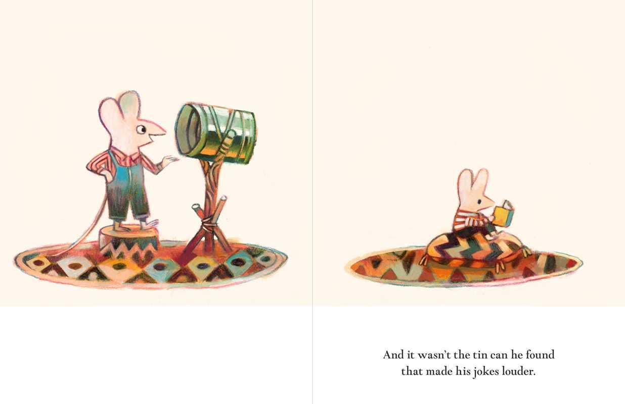 Illustration of two mice - one with a can and on a pillow reading, on a white background