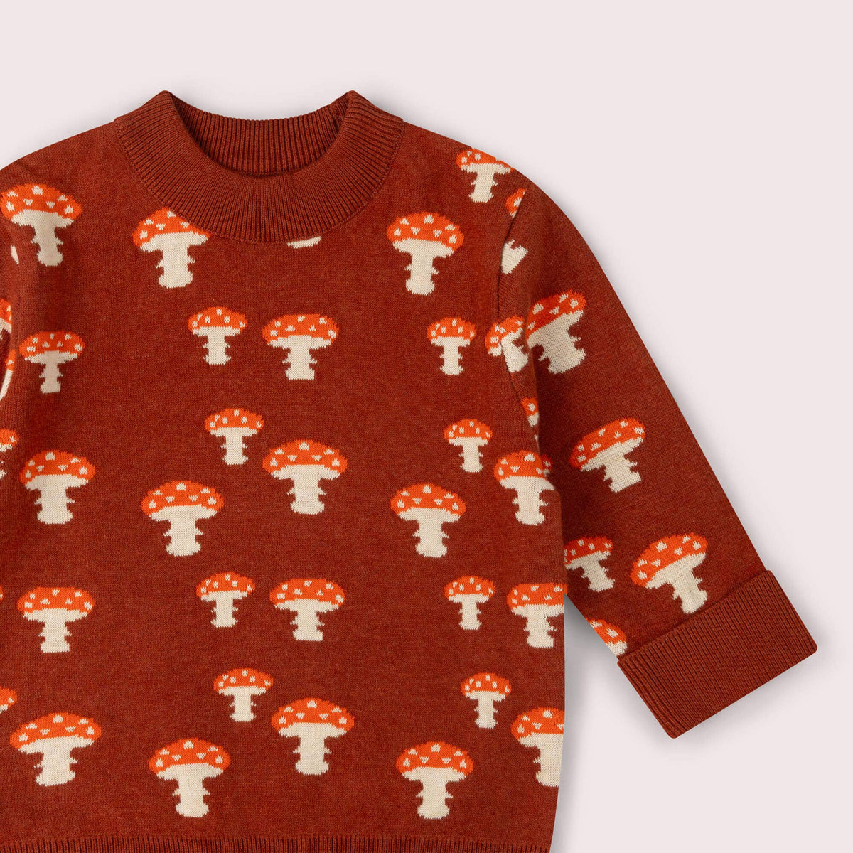 Close-up of the neckline and mushroom motifs on a rust knitted jumper.
