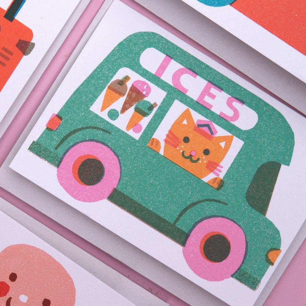 Illustration of a green ice cream truck with ice cream cones and a cat face on a pink background.